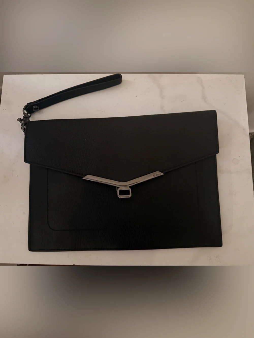 Botkier Black Pebbled Leather Envelope Wristlet with Silver Trim